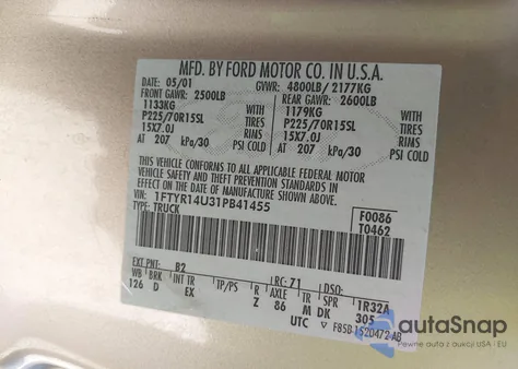 2001 Ford Ranger Edge/Xl/Xlt z USA, uszkodzony, nr VIN 1FTYR14U31PB41455